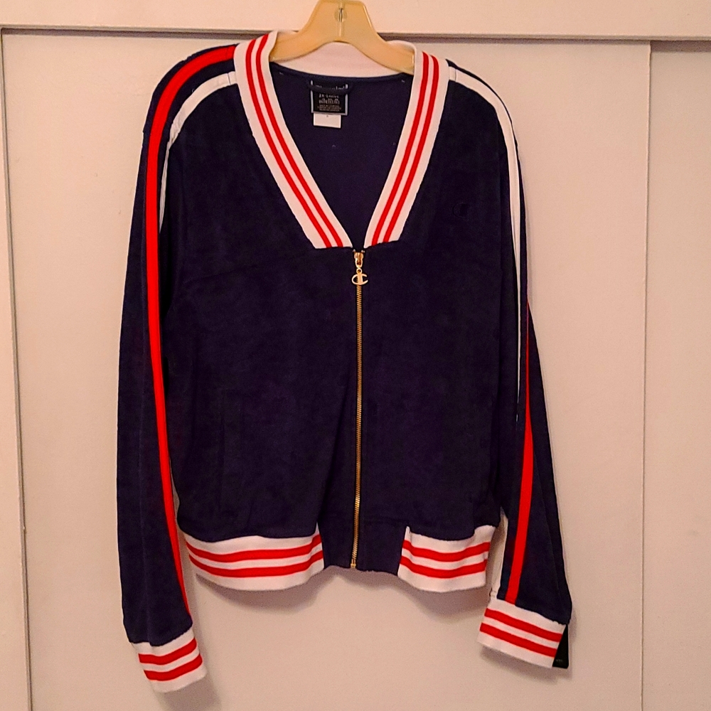 Champion Navy blue track jacket with red/white stripes